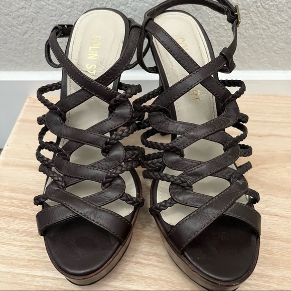 Colin Stuart Brown Leather Braided Strappy Platform Heeled Sandal 6 - Picture 4 of 7